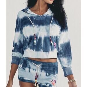 Love Shack Fancy Sz XS Kirby Blue Tie Dye Wave Crop Terry Cloth Sweatshirt